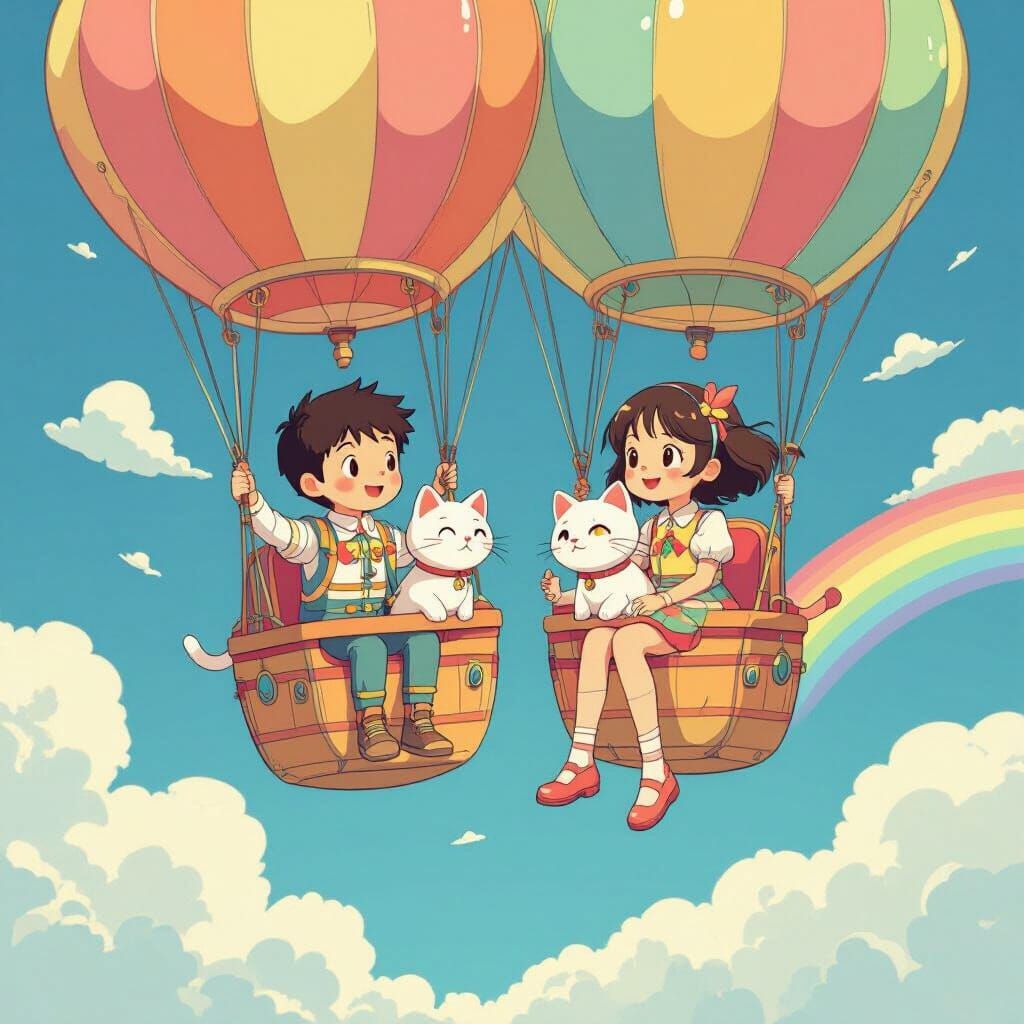 Children Ride Rainbow Hot Air Balloons in Anime Style