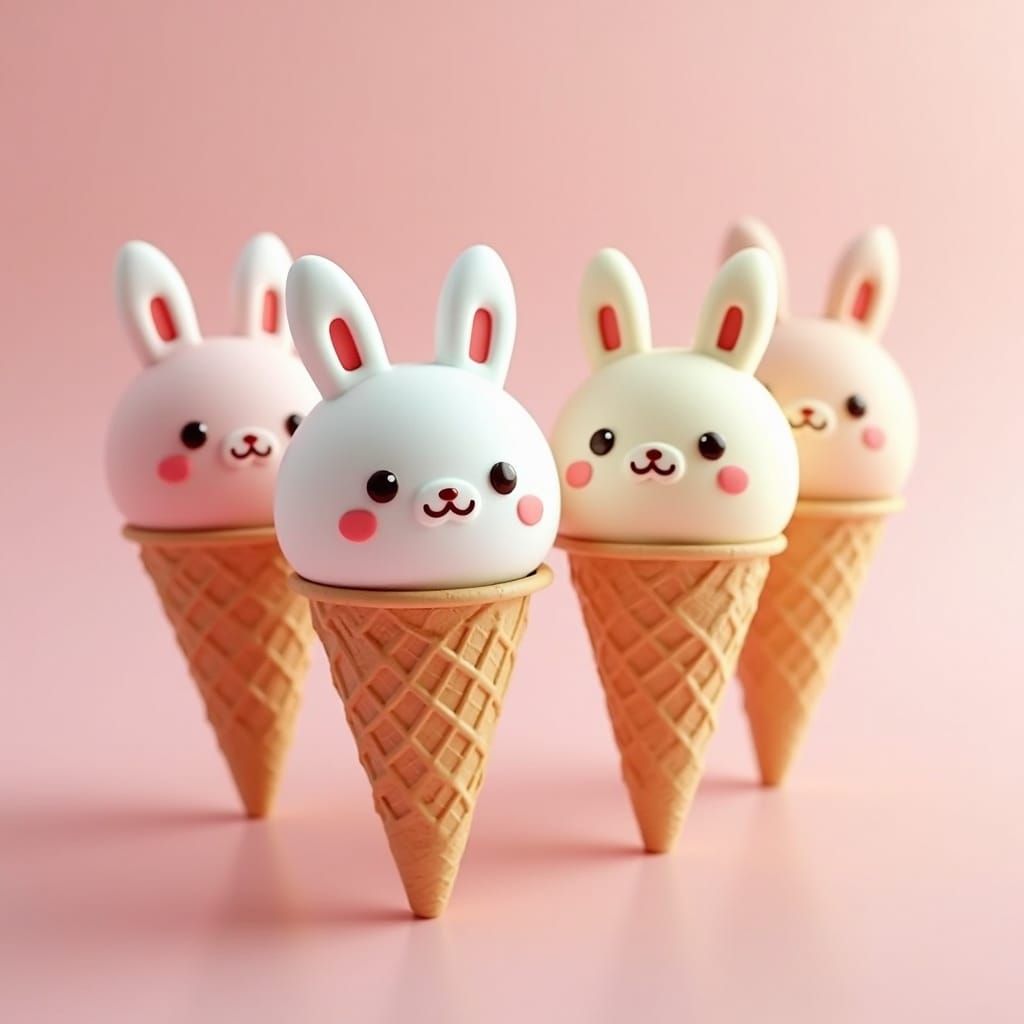 Japanese Bunny Ice Cream Cones in 3D Anime Style