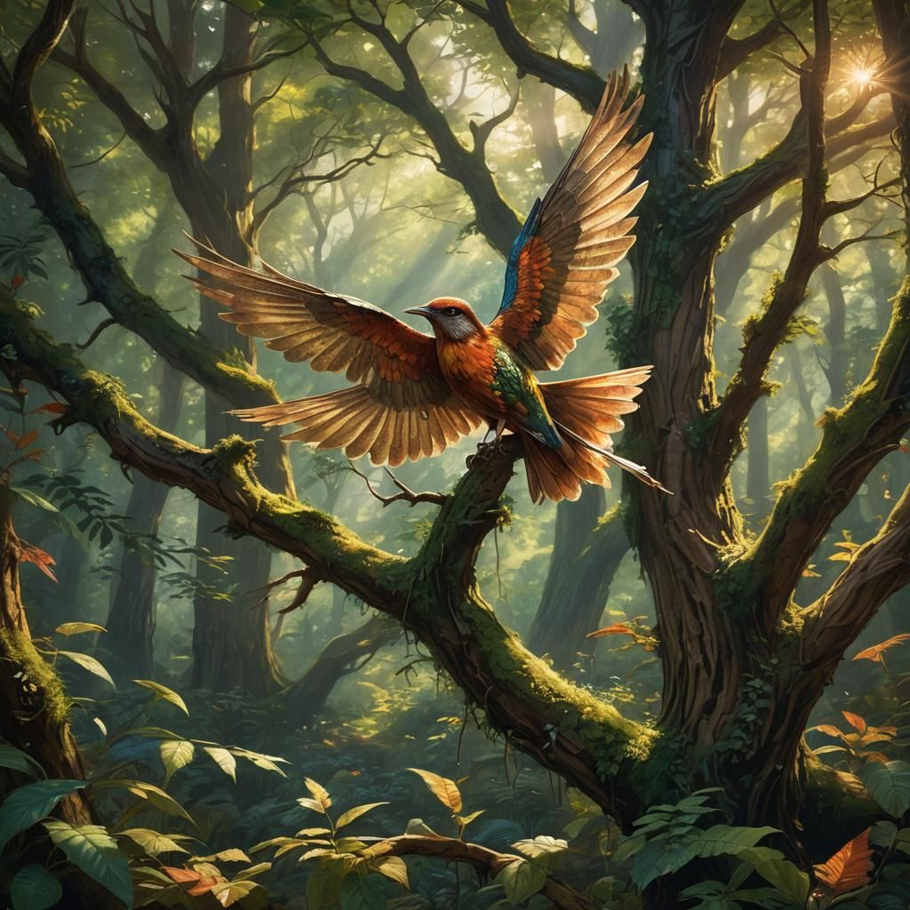 Summer Tree Bird in Pre-Raphaelite Style