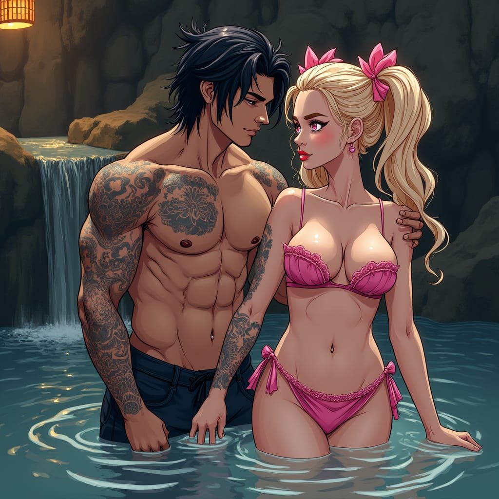 Romantic Japanese Bathhouse Scene in Anime Style