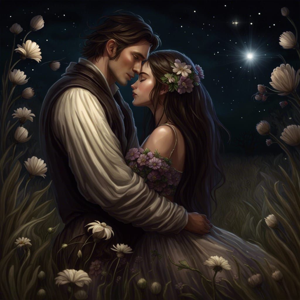 Passsionate Lovers Embrace Under Starry Sky, Hyperdetailed A...