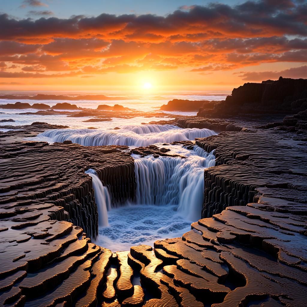 Thor's Well Seascape at Sunset, Oregon