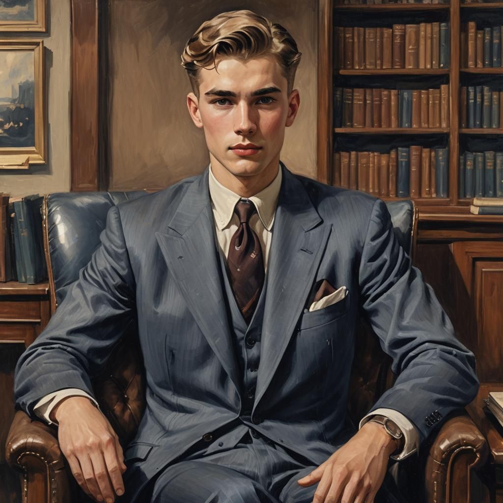 Brooding Young Man in Dark Library: Old Painting