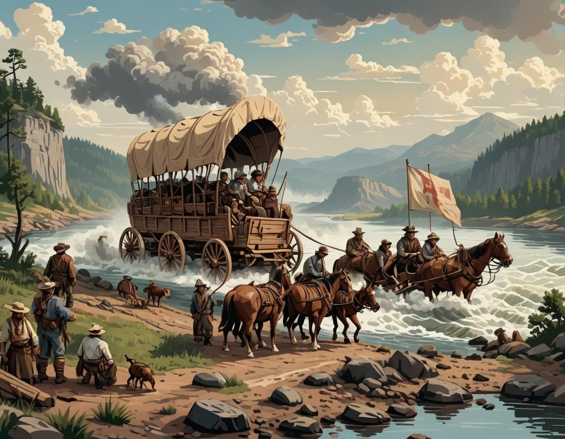 Covered Wagon Crossing Mississippi River in Pixel Art