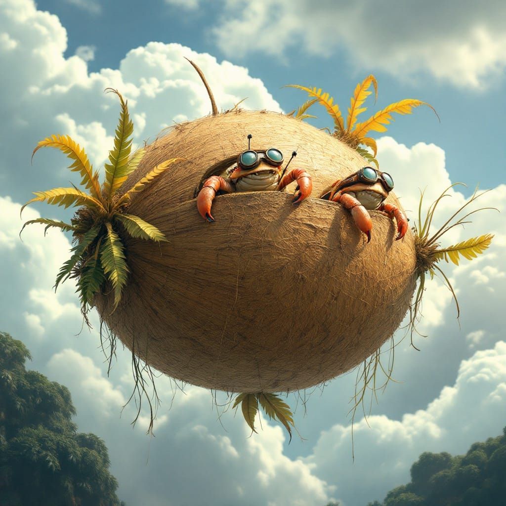 Vibrant Coconut Airship Soars in Tropical Breeze