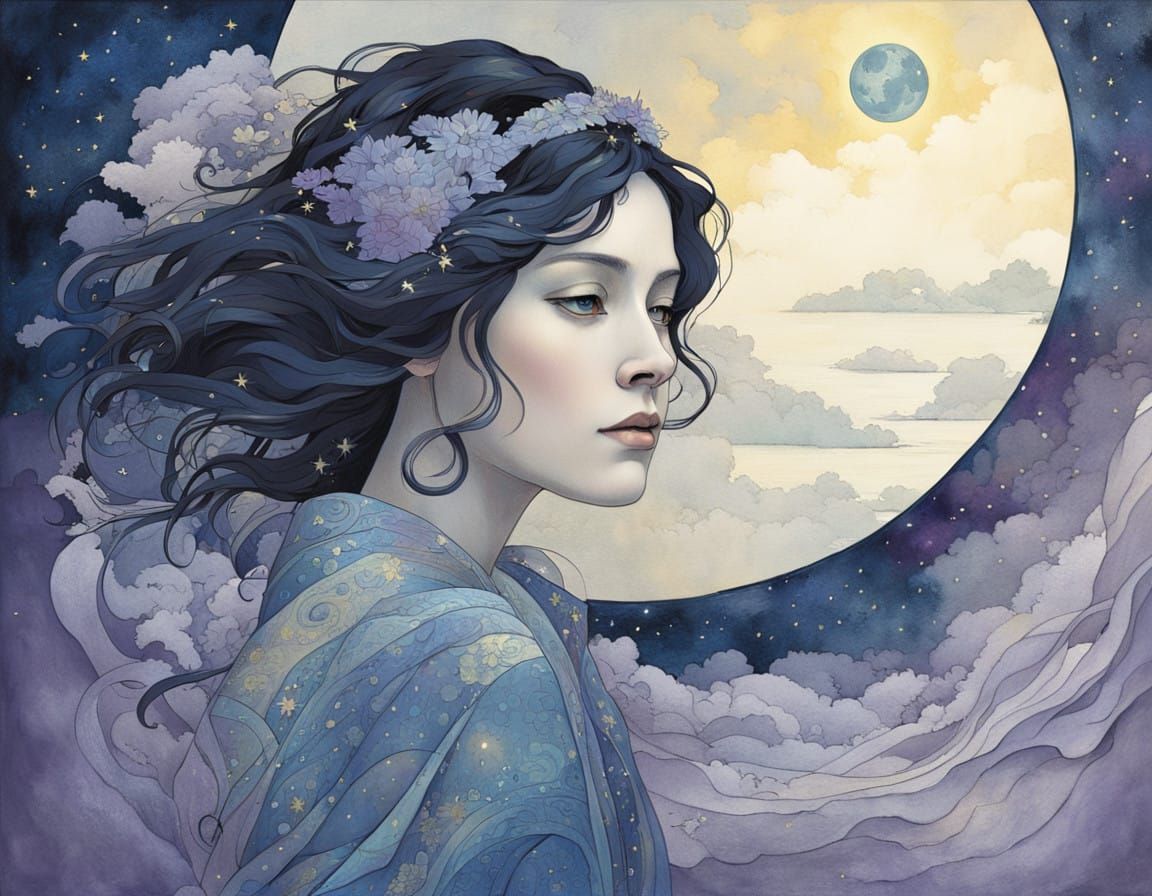 Ethereal Moonlit Figure in Midnight Blue and Iridescent Robe...