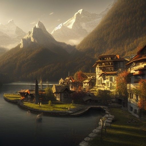 Swiss Alps Castle with Sun Rays, Dark Fantasy Art
