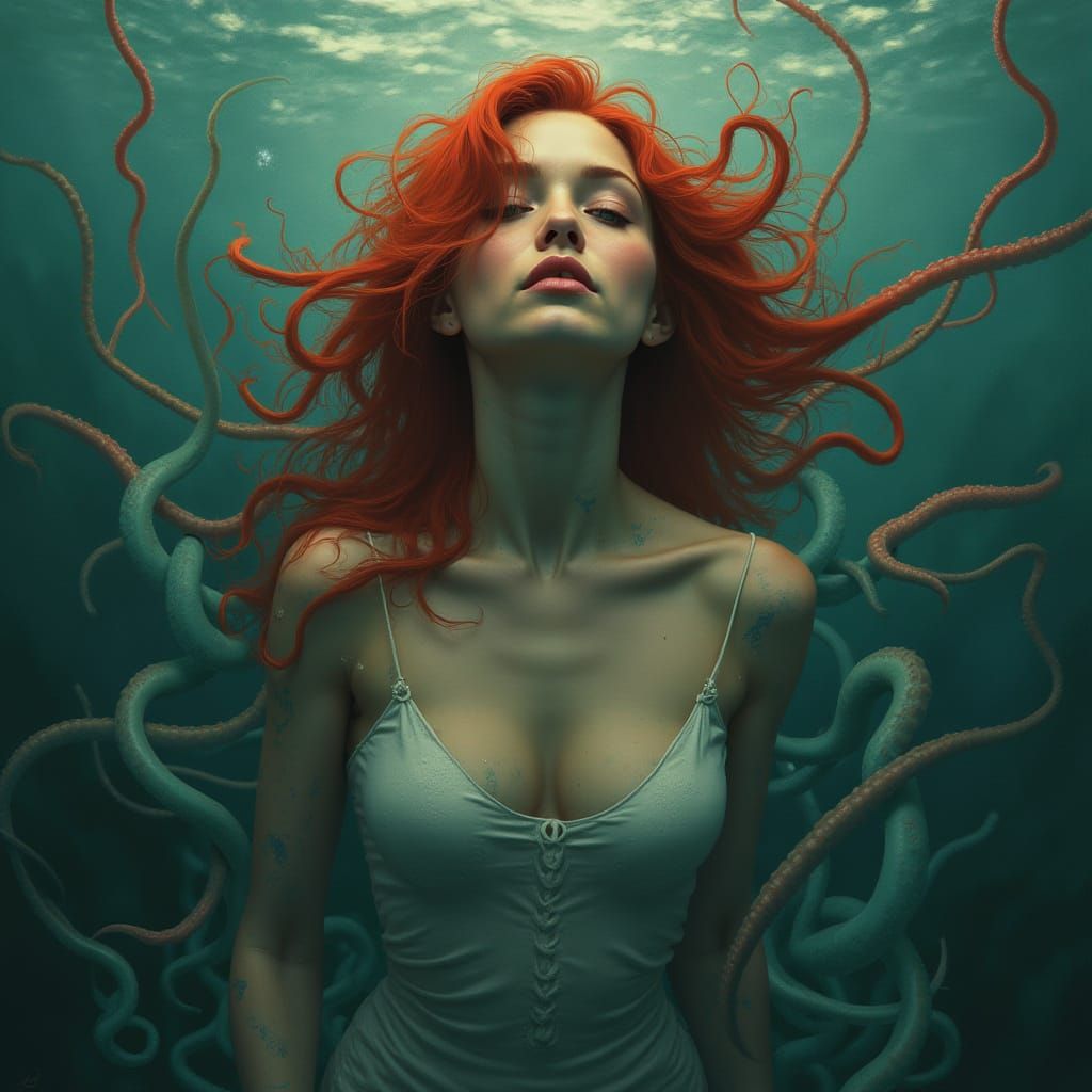 Mystical Red-Haired Woman Amidst Underwater Tentacles