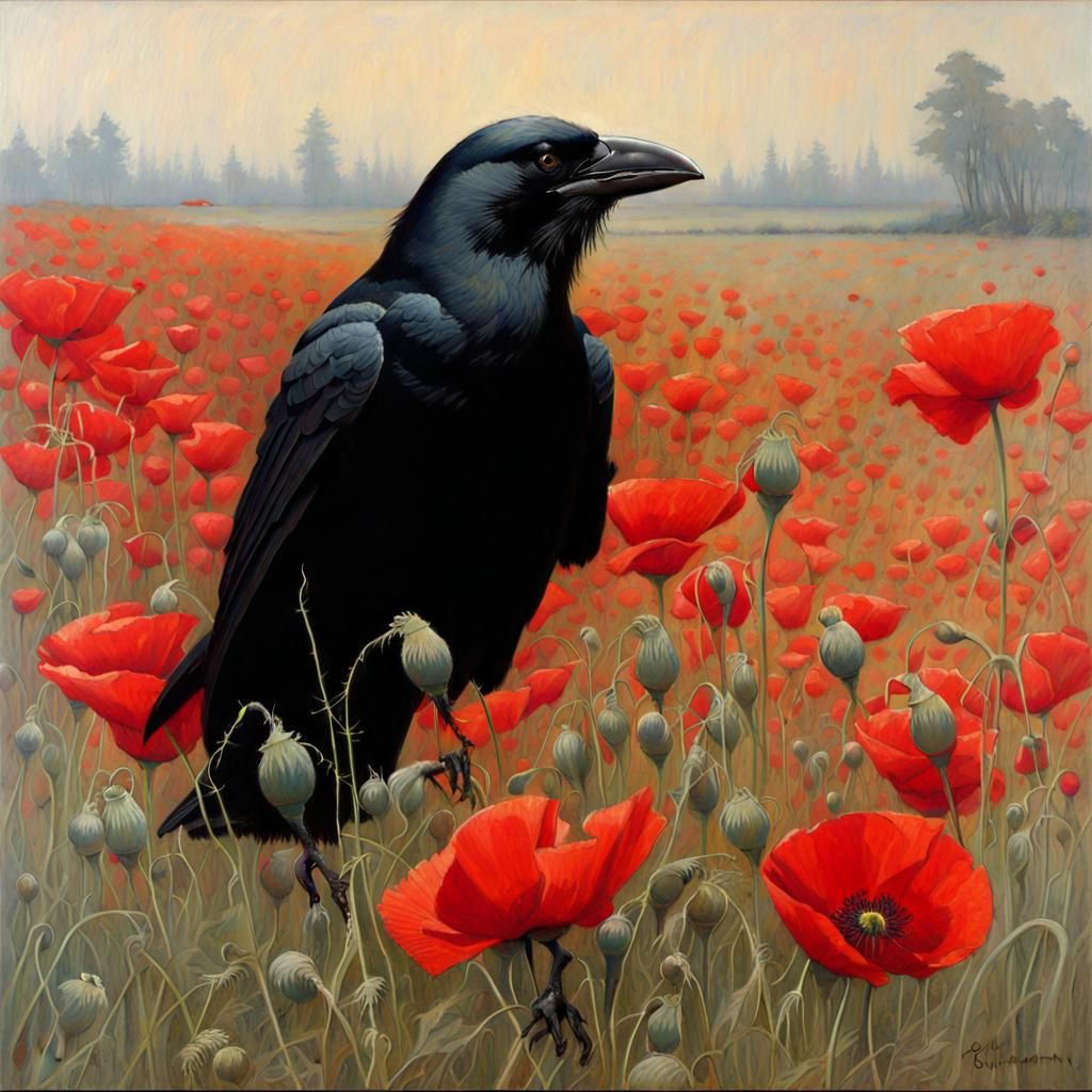 Crow Among Poppies in Naturalist Style