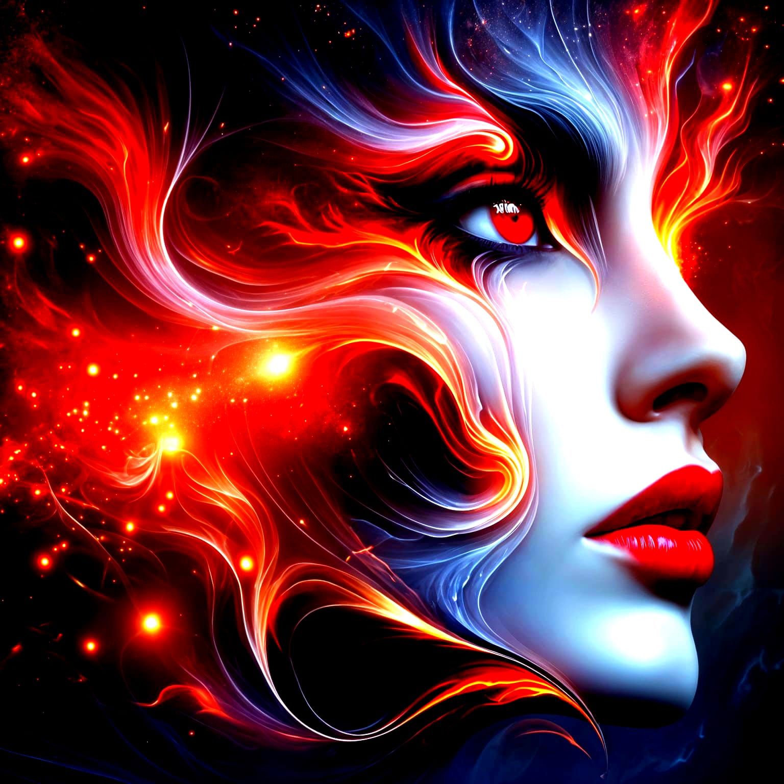 Surreal Fire Goddess Profile in Dreamlike Flames