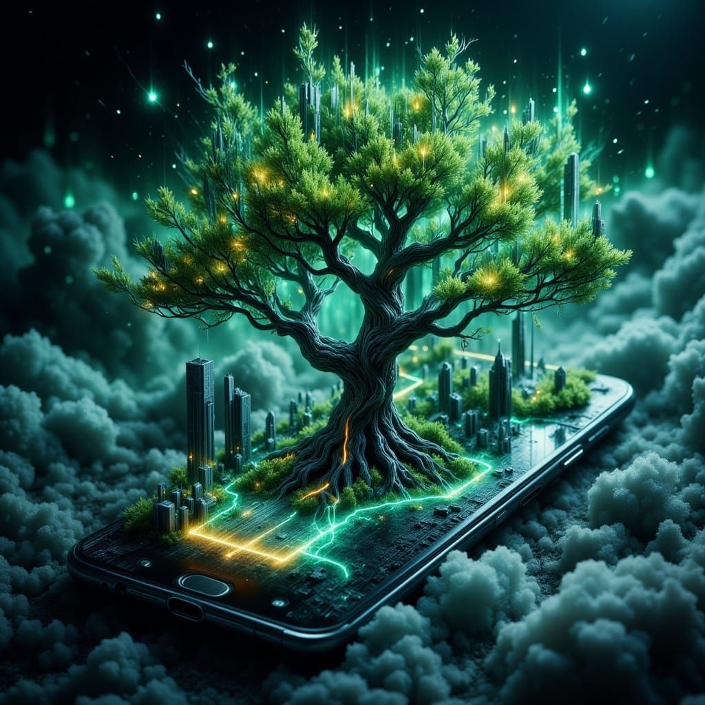 Tree Grows From Smartphone in Whimsical Digital Art Style