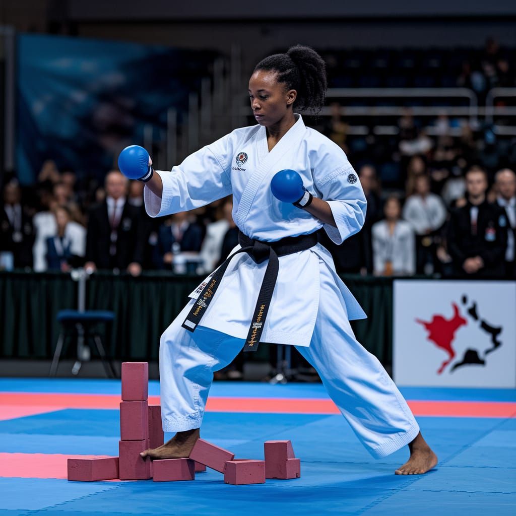 Black Female Karateka Breaks Bricks at Tournament