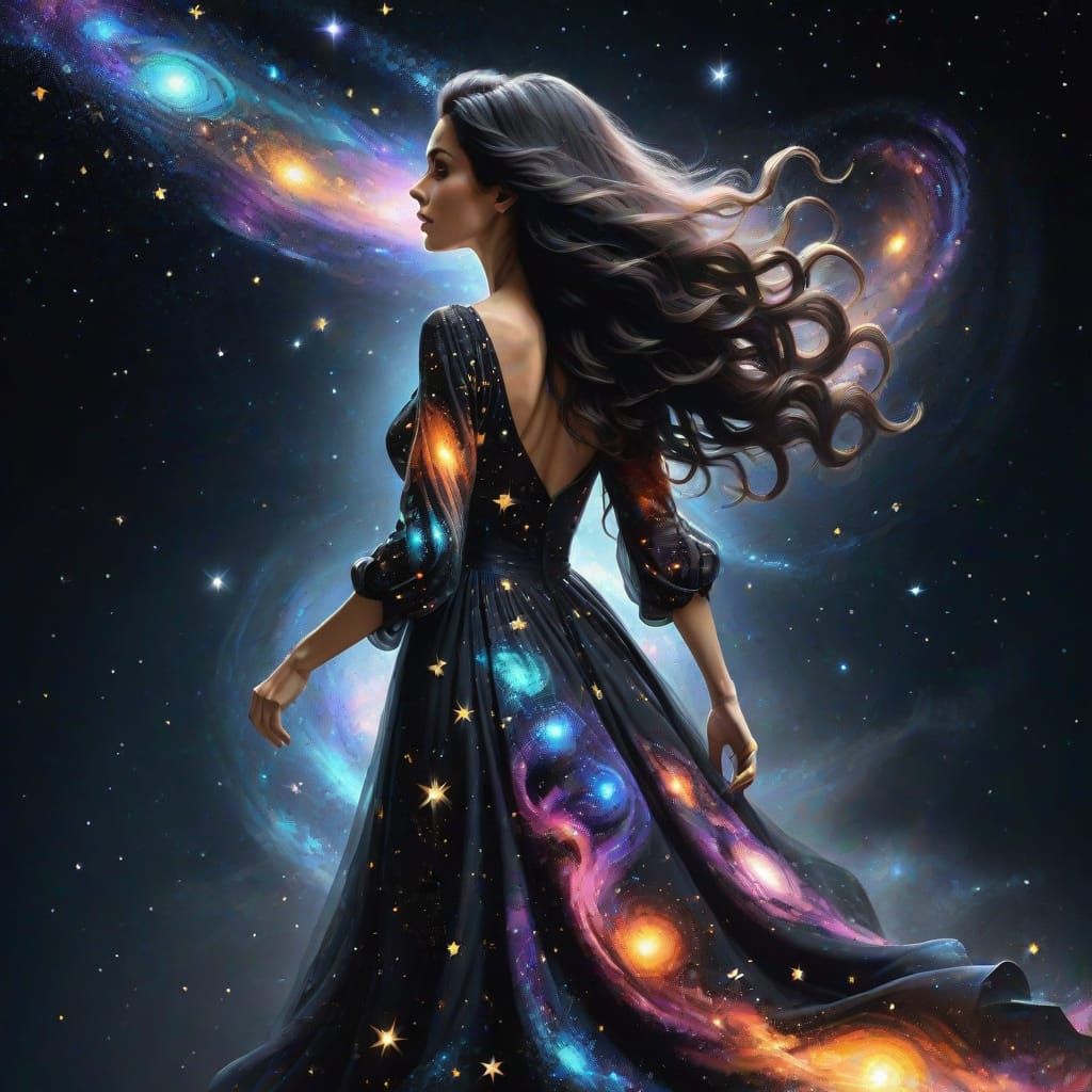 Woman in Cosmic Dress of Stars and Galaxies