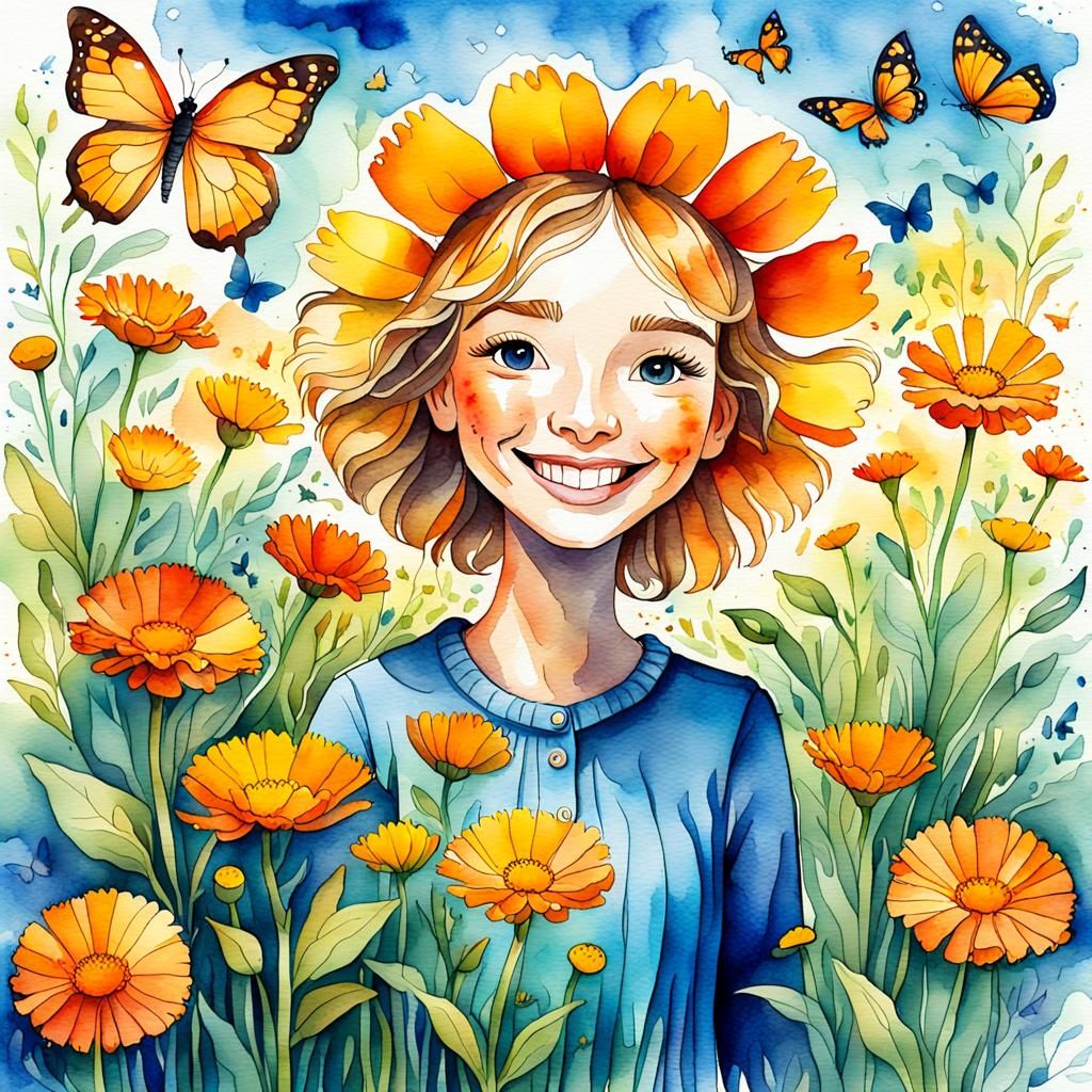 Calendula Character in Fauvist Watercolor Illustration