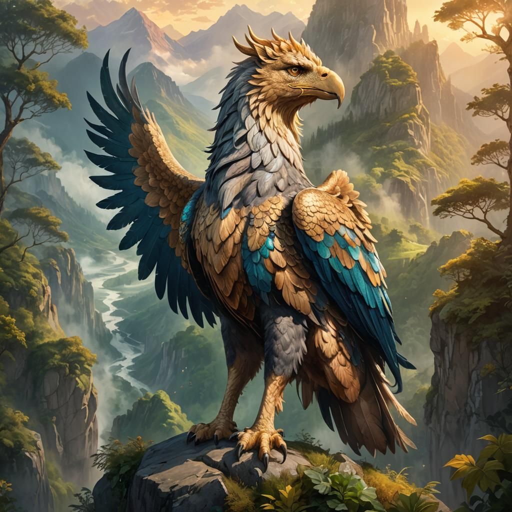 Majestic Griffin in Fantasy Landscape: Oil Painting