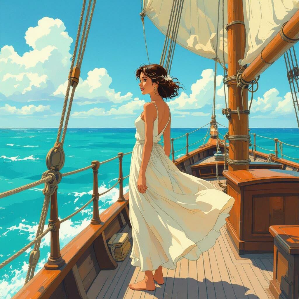 Woman on Sailing Ship in Whimsical Anime Style
