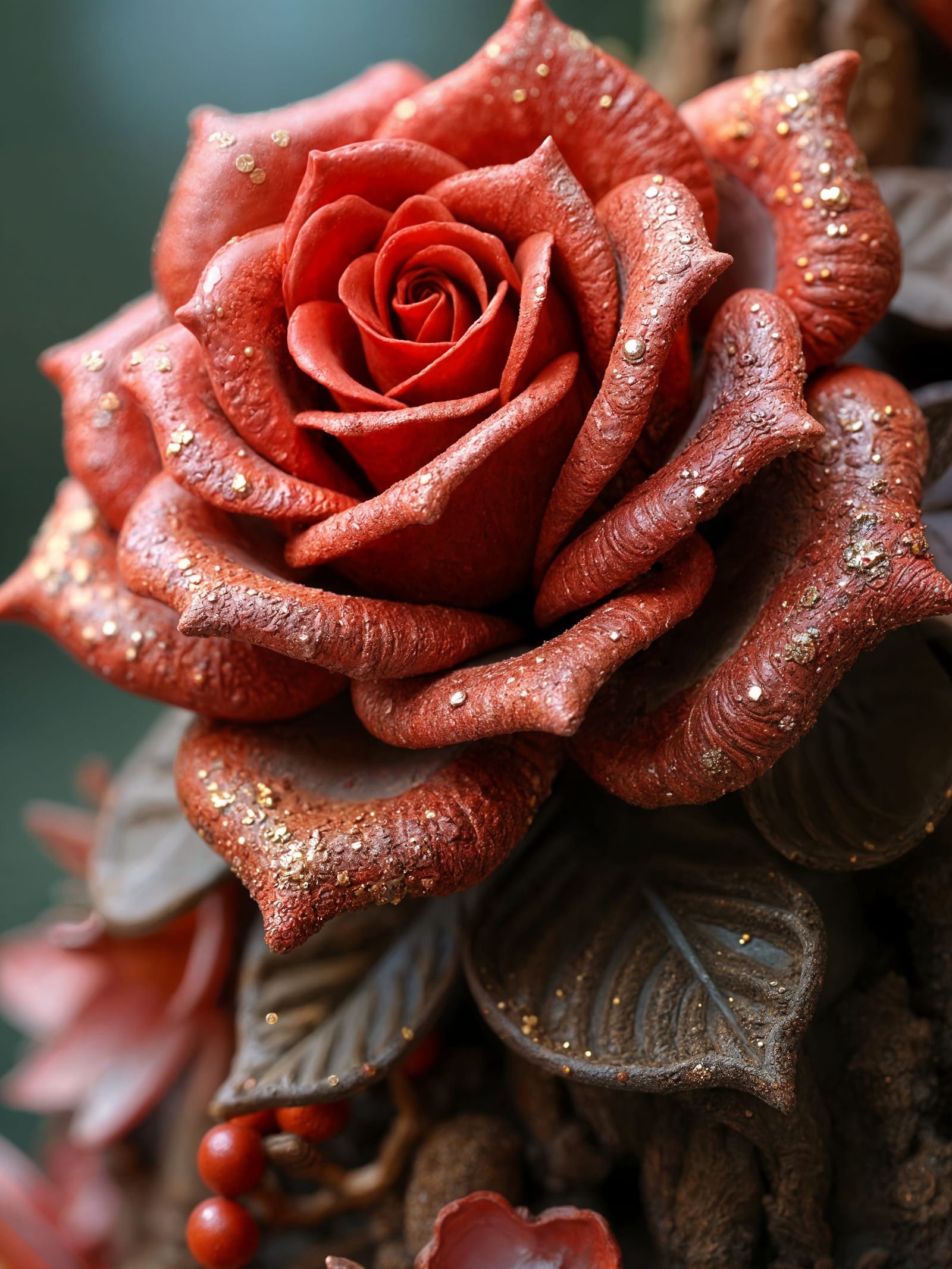 Ornate Red Rose Clay Sculpture with Gems