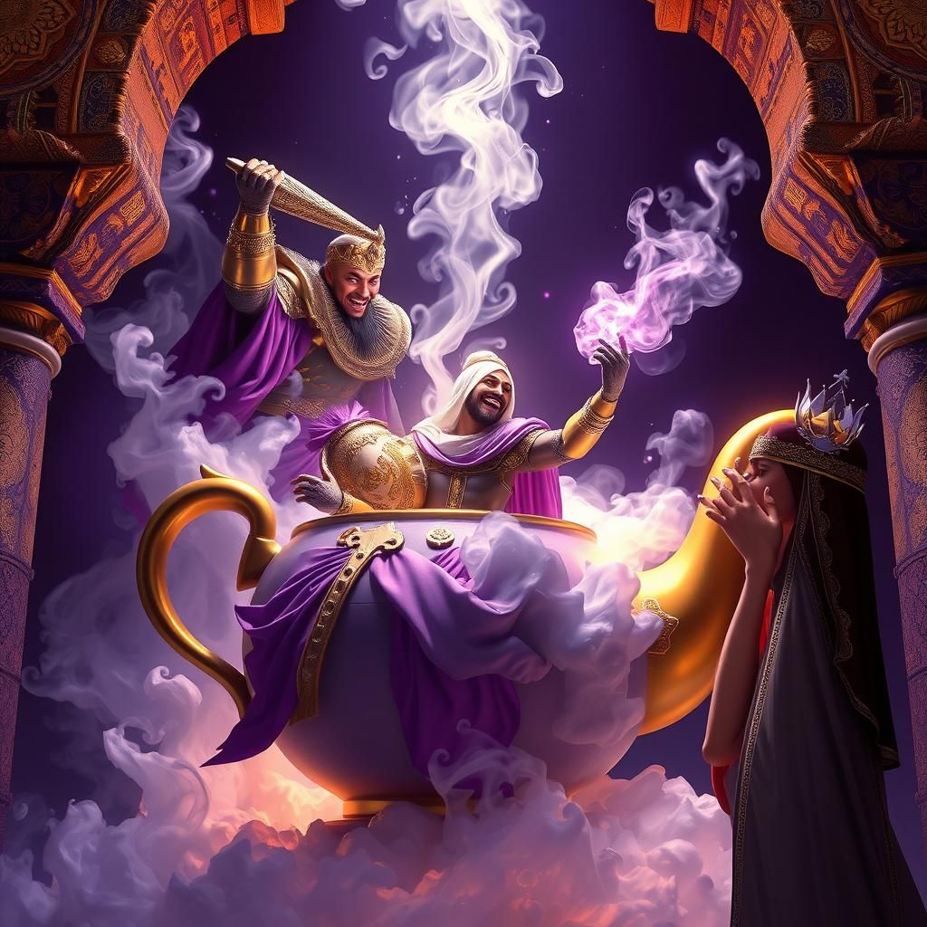 A magical genie trapping an Arabian knight into the magical ...