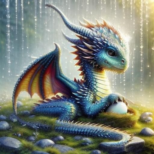 <lora:Cute dragons:1.0> Ein schimmerndes Drachenbaby in einem zerbrochem Ei