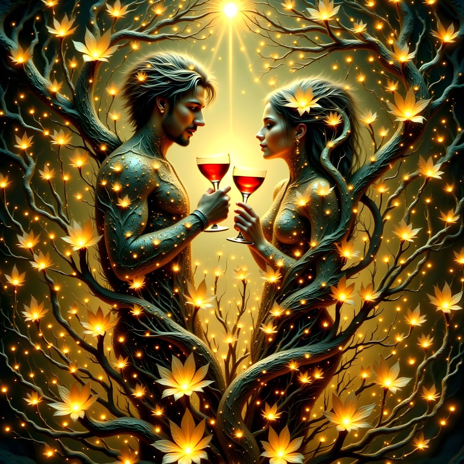 Tree Ent Couple Dancing Joyfully With Glowing Wine Glasses