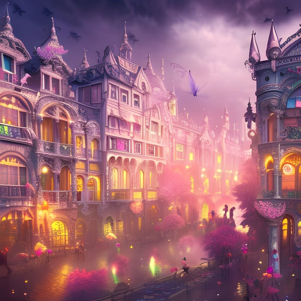 Colourful Fairy Town with Flying Fairies