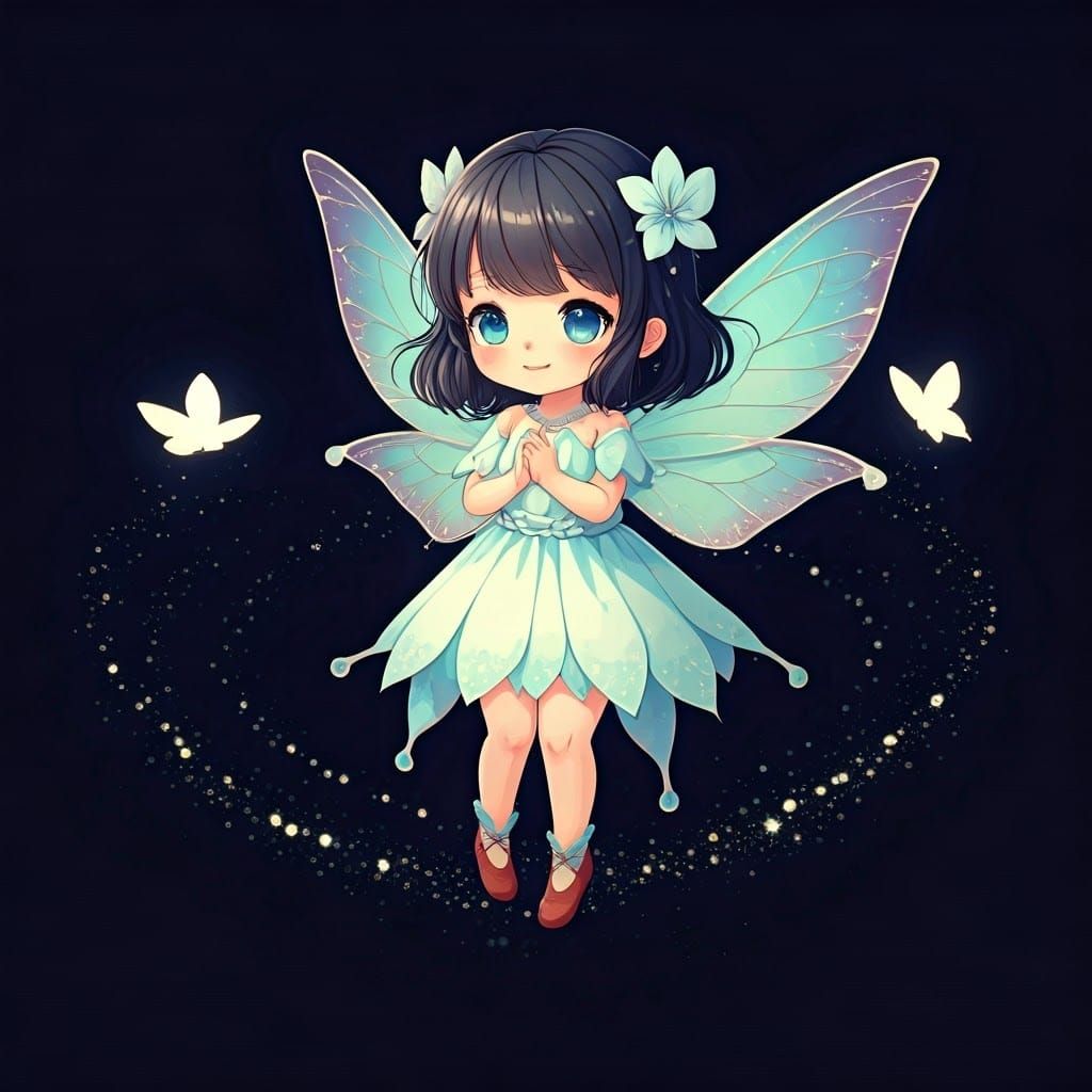 Cute Fairy Girl Flying with Butterflies in Anime Style