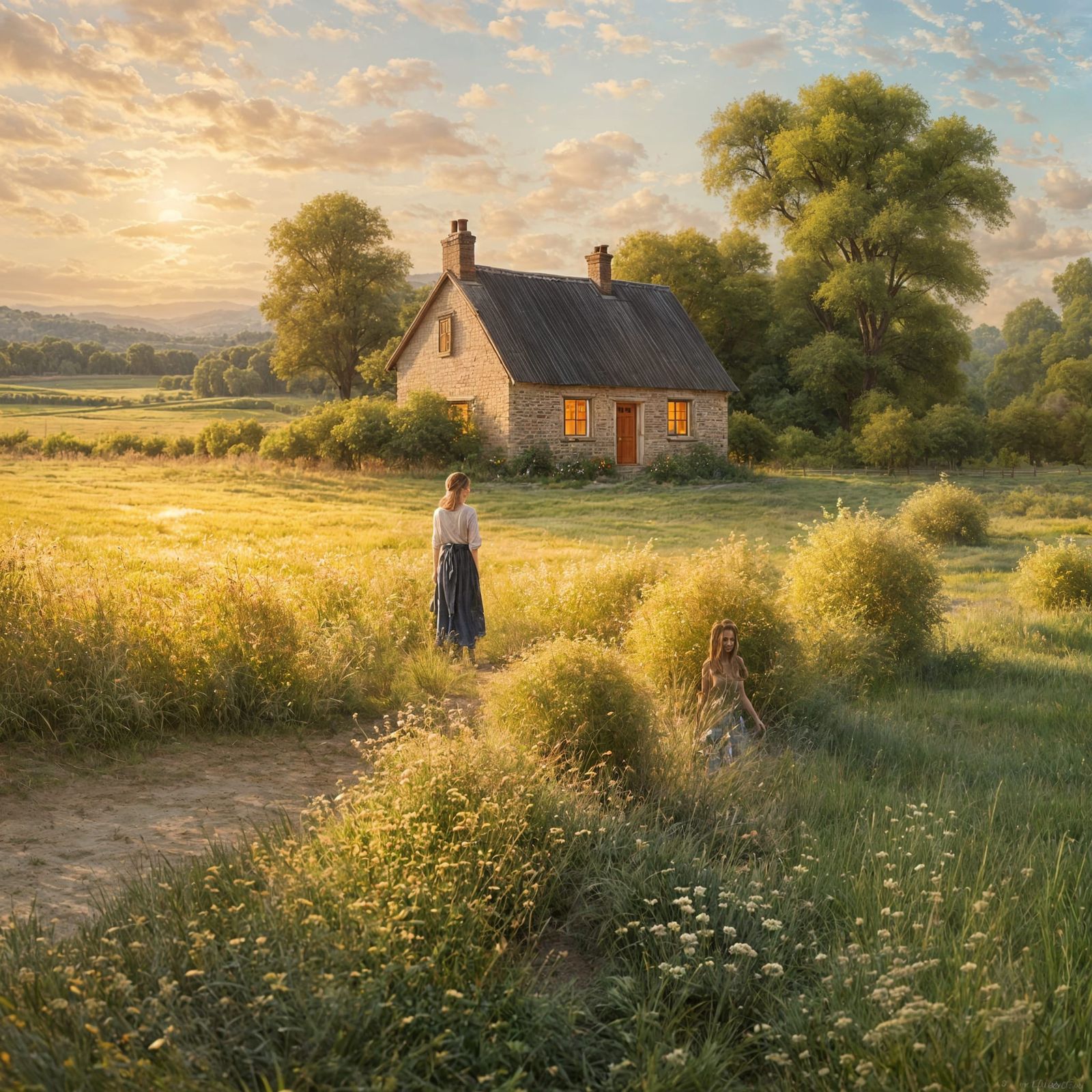 Woman in Pastoral Scene with Cottage and Autumn Trees