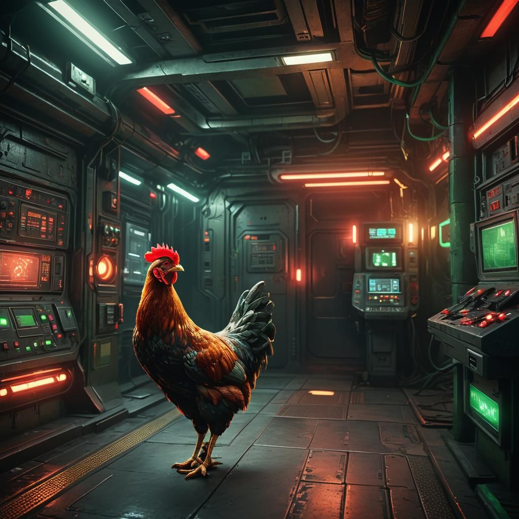 Futuristic Chicken About to Press Red Button