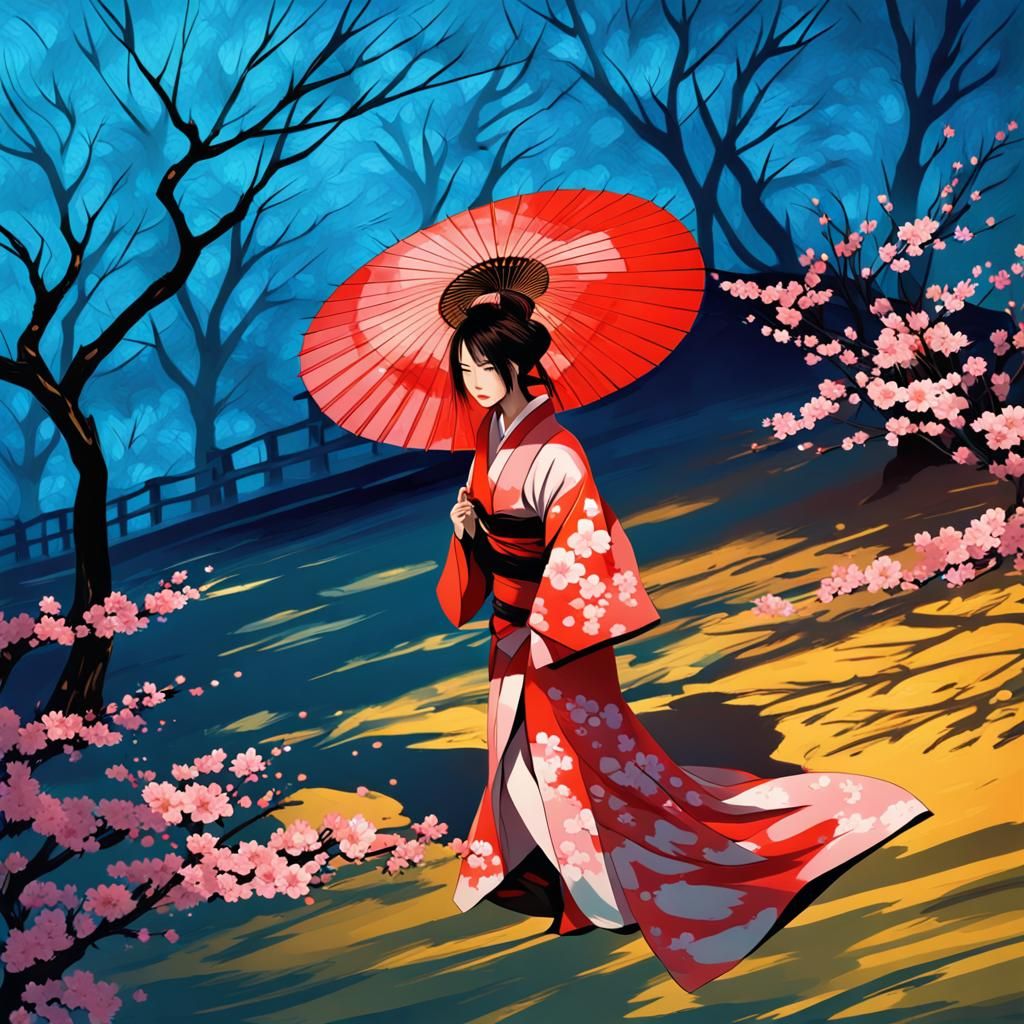 Japanese Woman Under Cherry Blossom Tree: Abstract Art