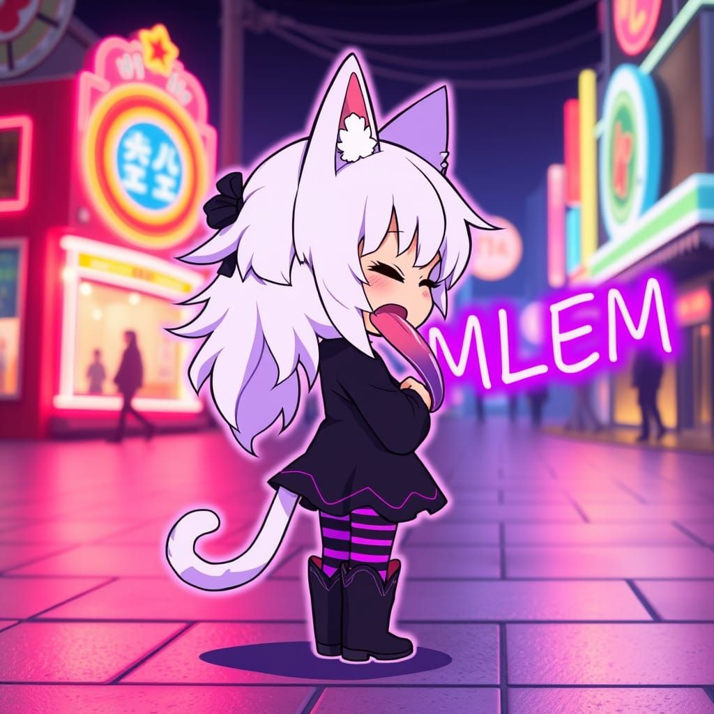 Chibi Catgirl Shows Off Lavender Tongue in Neon Spectacle