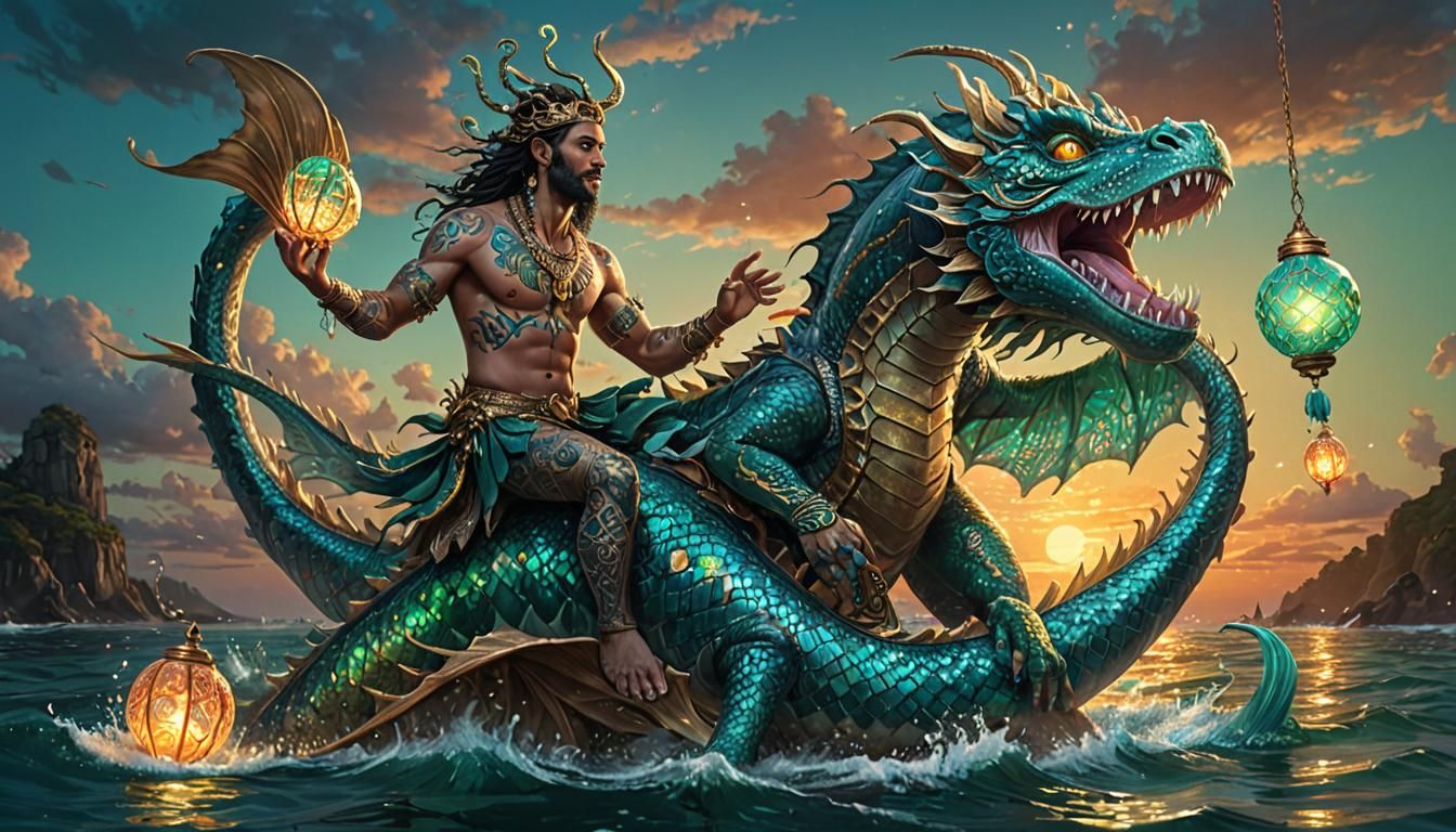 Mesoamerican Merfolk Wizard Riding Fish Dragon
