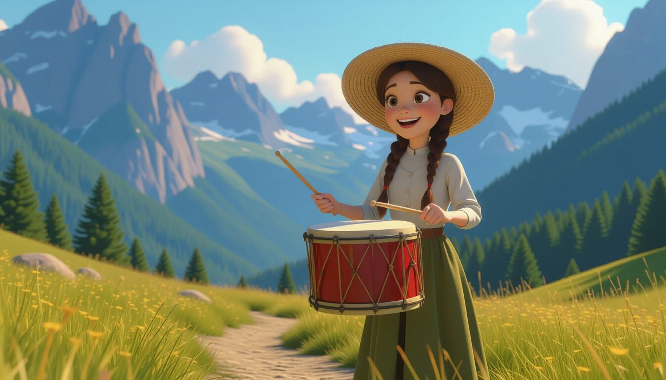 Cheerful Girl Plays Bucket Drum in Pixar Style