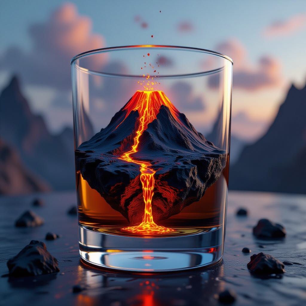 Volcanic Island in Whiskey Glass, Gold Lava Matte Painting