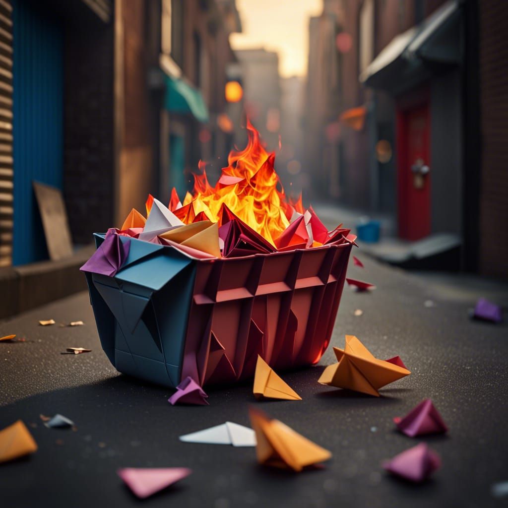 Origami Dumpster Fire in Alleyway Papercraft