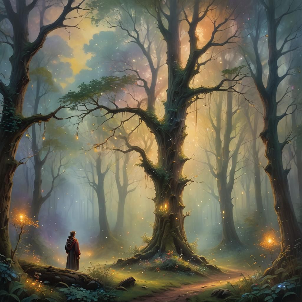 Ethereal Fantasy Forest Scene in Oil Painting Style