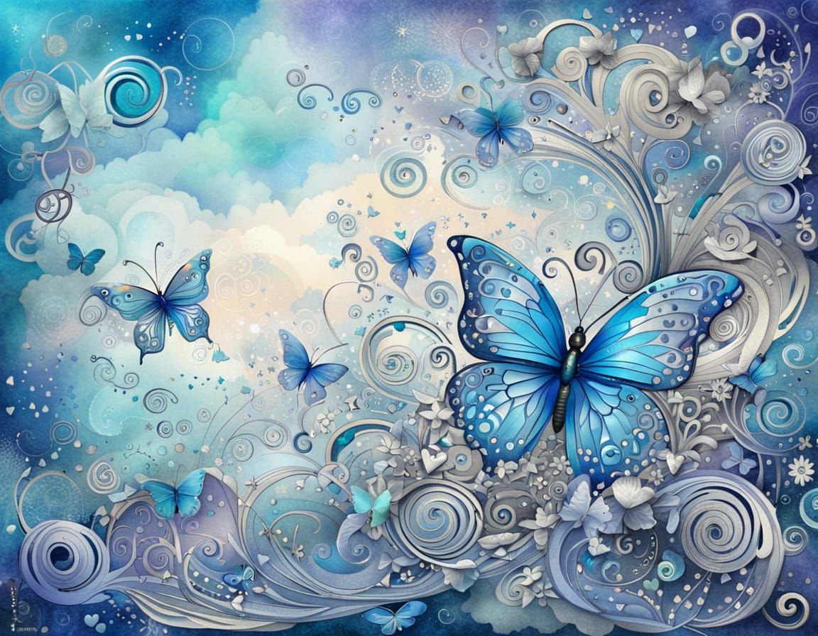 Blue and Silver Butterfly Garden in Art Nouveau Style