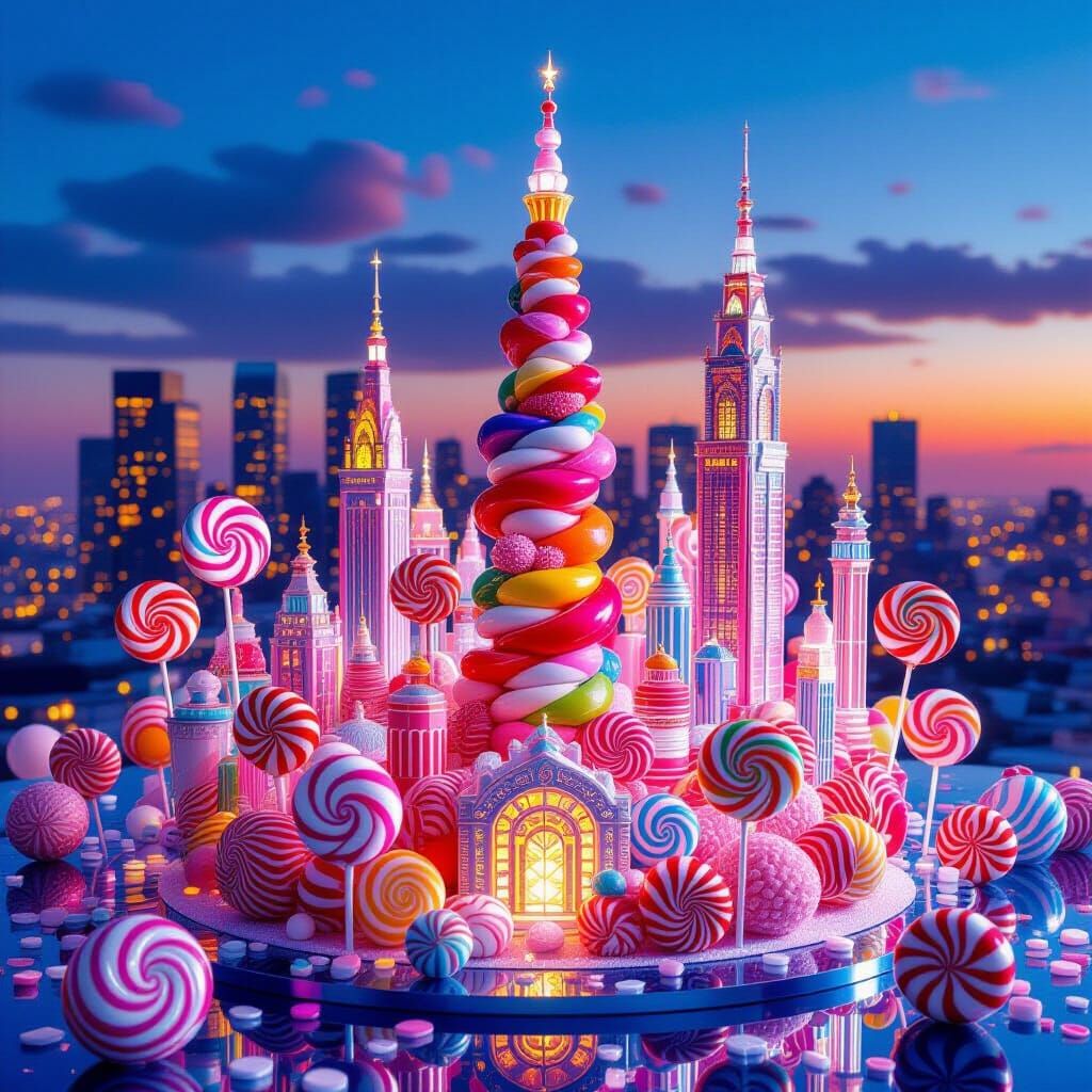 Whimsical Lollipop Cityscape at Dusk