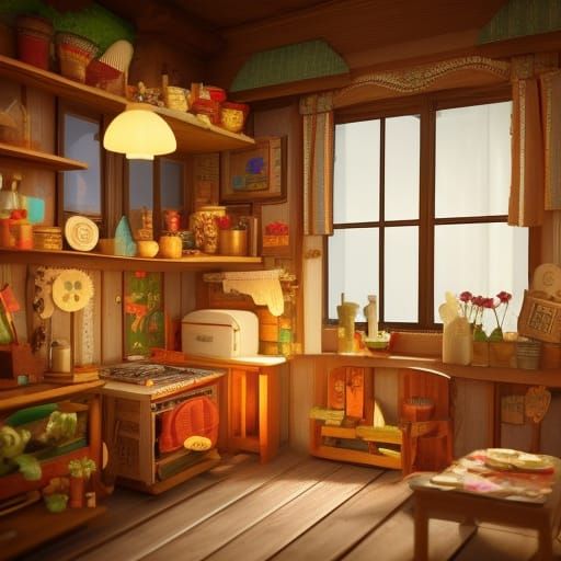 Hyperrealistic Wooden Dollhouse Interior in 8k