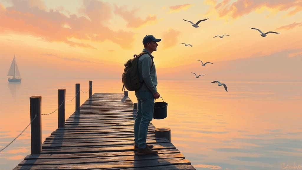 Contemplative Man on Pier at Sunrise: Impressionistic Style