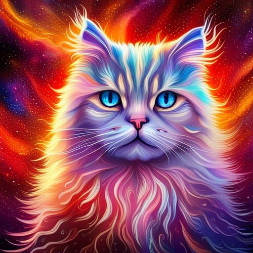 Holographic Persian Cat in Astral Cosmic Illustration