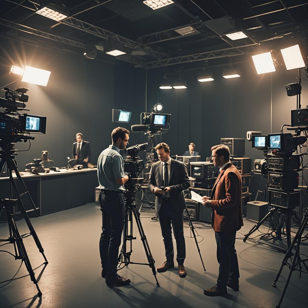 News Studio Scene with Reporters in Cinematic Style