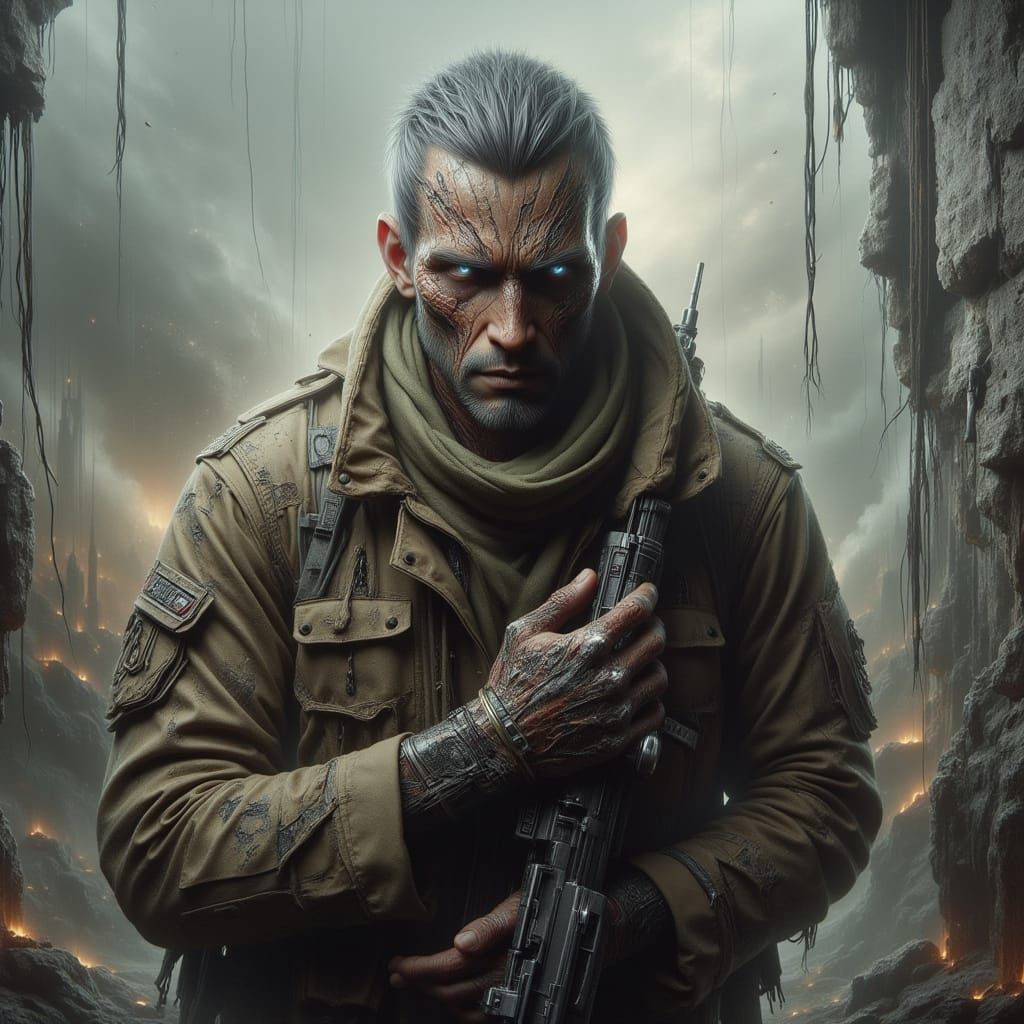 Weary Soldier in Battle-Scarred Landscape