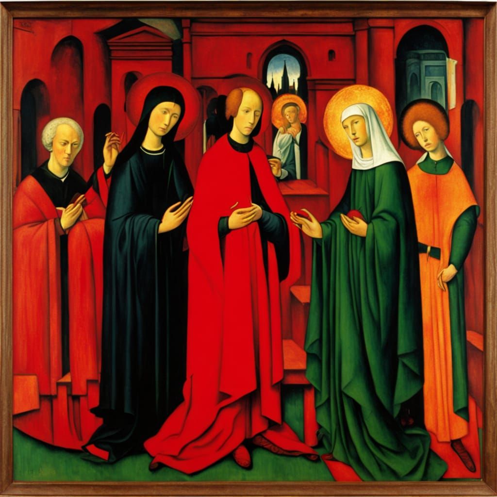 Religious Fanatics in Fire Red: A Portrait in Combined Style...