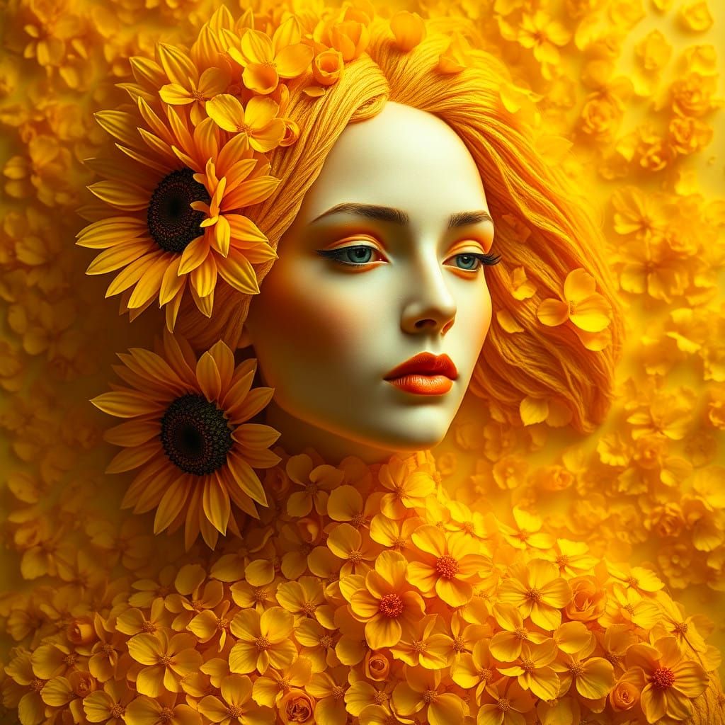 Regal Figure Made from Golden Flowers in Soft Dawn Light