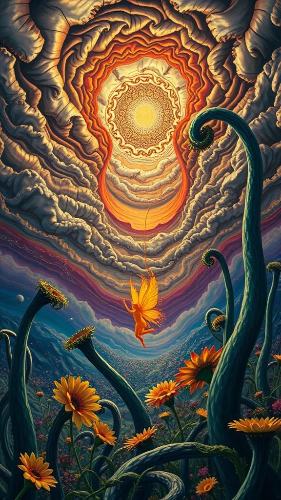 Surreal Landscape with Elastic Flora and Winged Fairy