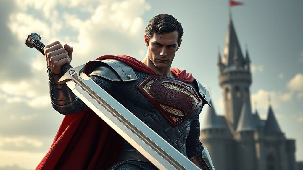 Medieval Superman Wields Sword in Epic Cyberpunk Digital Art