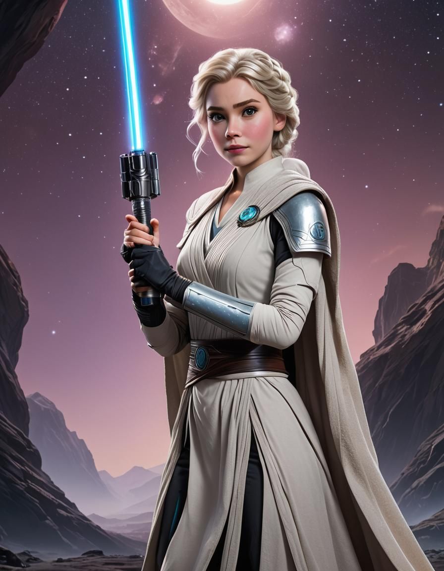Princess Elsa dressed as a Jedi, wielding a lightsaber, alie...