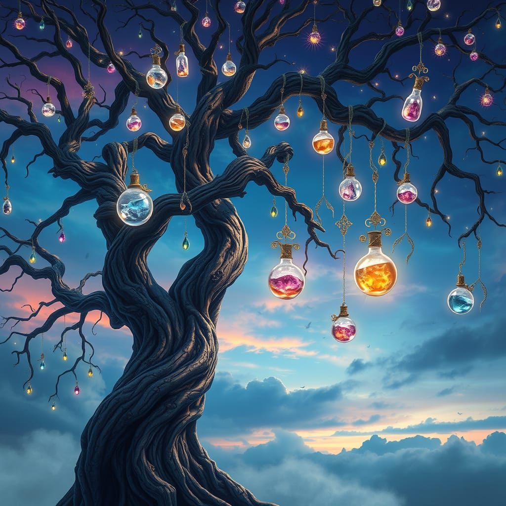 Enchanted Gnarled Tree in Whimsical Fantasy Landscape