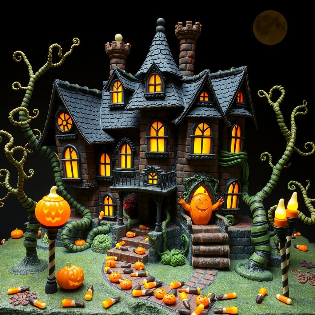 Spooky Candy Mansion with Glowing Jack-o'-Lanterns