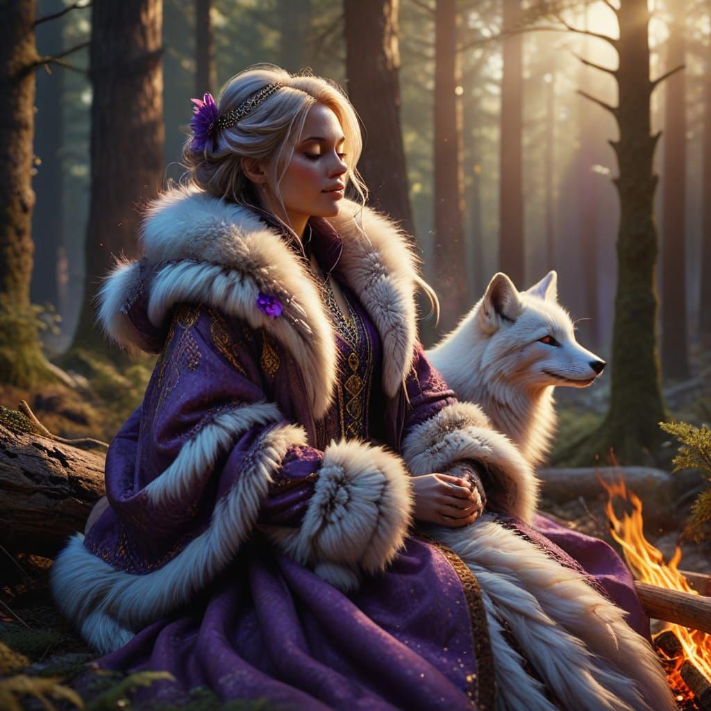 Purple Princess Slumbers by Campfire in Pine Forest
